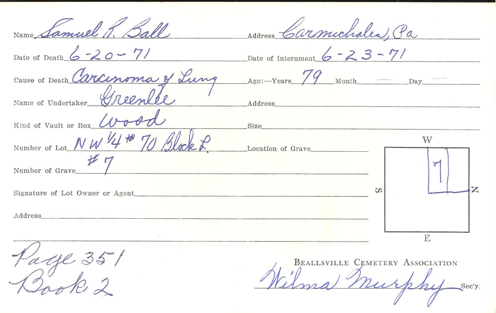 Samuel R. Ball burial card